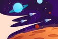 Horizontal space background with flying spaceships and planets. Rocket Race. Web design. Space exploring. Vector