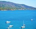 Tyhrrhenian sea, hills, boats, mountains, Tuscany, in Elba island, Italy