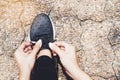 Tying sport shoes, Asian woman getting ready for running, Outdoor sport Royalty Free Stock Photo