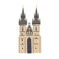 Tyn church in Prague. Old Czech building with black towers and gothic spires. Colored flat vector illustration of