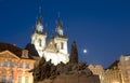 Tyn Church and statue monument Jan Hus at night Old Town Square Royalty Free Stock Photo