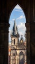 Tyn Church through window of Old Town Hall in Prague