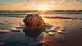 Tyndall effect light rays through the large Nautilus shell, laying on the beach in the waves of the ocean, AI Generative