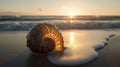 Tyndall effect light rays through the large Nautilus shell, laying on the beach in the waves of the ocean, AI Generative