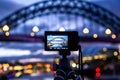 Tyne Bridge, Newcastle seen on the back screen of a camera on tripod Royalty Free Stock Photo