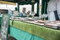 Tynemouth Metro Station Weekend Flea Market. Stall selling artisan fresh burgers and sausages, meat and food