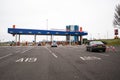 Approach to Tyne Tunnel Toll Road Payment Booths on North side of the river with cars visible Royalty Free Stock Photo