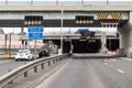 Approach to Tyne Tunnel Toll Road on A19 showing signs and entrance Royalty Free Stock Photo