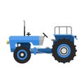 Type of agricultural vehicle blue tractor or harvester machine combine and icon with accessories for plowing mowing