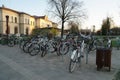 A type of bicycle parking by a train station in a city Royalty Free Stock Photo