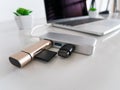 Type-C Memory Card Reader and USB Flash Drive Attached to USB Type-C Adapter Converter Royalty Free Stock Photo