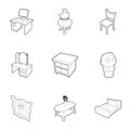 Type of furniture icons set, outline style