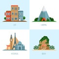 Type of travel. City, beach, camping and historical tourism. Icons set of traveling. Flat style, vector illustration. Royalty Free Stock Photo