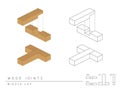 Type of wood joint set Middle Lap style, perspective 3d with top front side and back view isolated on white Royalty Free Stock Photo
