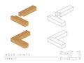Type of wood joint set Rabbet style, perspective 3d with top front side and back view isolated on white Royalty Free Stock Photo