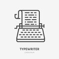 Type writer flat line icon. Vector thin sign of retro machine, journalist logo. Article outline illustration Royalty Free Stock Photo