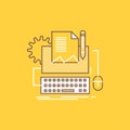 Type Writer, paper, computer, paper, keyboard Flat Line Filled Icon. Beautiful Logo button over yellow background for UI and UX, Royalty Free Stock Photo