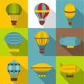 Types of airship icon set, flat style