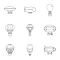 Types of airship icon set, outline style