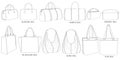 Types of bags. Bowling, hobo, trapezoid, duffle, barrel, tote.