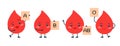 Types of blood. Happy bloods characters, red drops with banners. Medical bleeding elements, isolated cute healthy