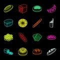 Types of bread neon icons in set collection for design. Bakery products vector symbol stock web illustration.