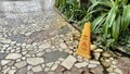 Warning Caution wet floor yellow sign on wet tiles floor at outdoor garden walkway Royalty Free Stock Photo