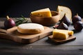 types of cheese, cheese on a kitchen plate, figs, bread, campaign advertising concept Royalty Free Stock Photo