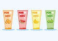 Types of children's toothpaste. Toothpaste with watermelon, banana, orange, apple flavor. Vector flat illustration