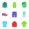 Types of clothes icons set, cartoon style