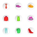 Types of clothes icons set, cartoon style