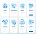 Types of communication styles blue onboarding mobile app screen set