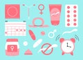 Types of contraception. Pills, calendar, patch, condom and coil. Vector illustration in a flat style.