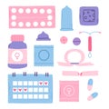 Types of contraception. Pills, calendar, patch, condom and coil. Vector illustration in a flat style.