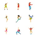 Types of dances icons set, flat style