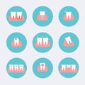 Types of dental clinic services. Stomatology and dental procedures flat icons. Toothcare vector illustration. Flat design style m