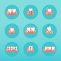 Types of dental clinic services. Stomatology and dental procedures flat icons. Toothcare vector illustration. Flat design style m