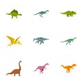 Types of dinosaur icons set, flat style Royalty Free Stock Photo