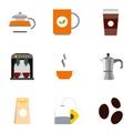 Types of drinks icons set, flat style