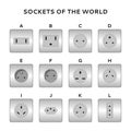 Types of electrical wall square outlets mockup isolated on white in the world realistic 3d vector illustration