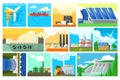Types of electricity generation plants and alternative energy sources. Electricity production stations. Colorful flat Royalty Free Stock Photo