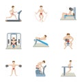 Types of exercises in gym icons set, cartoon style Royalty Free Stock Photo