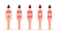 Types of female bodies. Five figures, the physique of girls. Forms: an inverted triangle, a pear, a rectangle, an apple