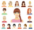 Types of female hairstyles cartoon icons in set collection for design. Appearance of a woman vector symbol stock web