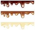 Types of flowing chocolate. White, milk, dark. Set of seamless borders