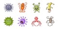 Types of funny microbes icons in set collection for design.