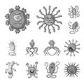 Types of funny microbes monochrome icons in set collection for design. Microbes pathogenic vector symbol stock web