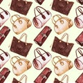 Types of handbags lady: clutch, barrel, tote and bowling bag, sepia color palette, seamless pattern on soft background