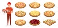 Types of Italian pizza with different fillings, person delivering pizza.