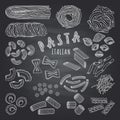 Types of itallian pasta. Hand drawn pictures on dark background. Icons set for restaurant menu